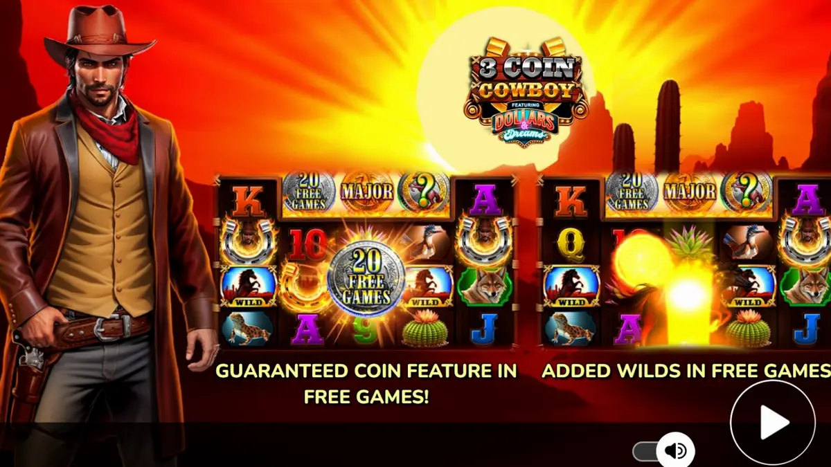 Tampilan visual slot 3 Coin Cowboy Dollars & Dreams dengan latar belakang Wild West
