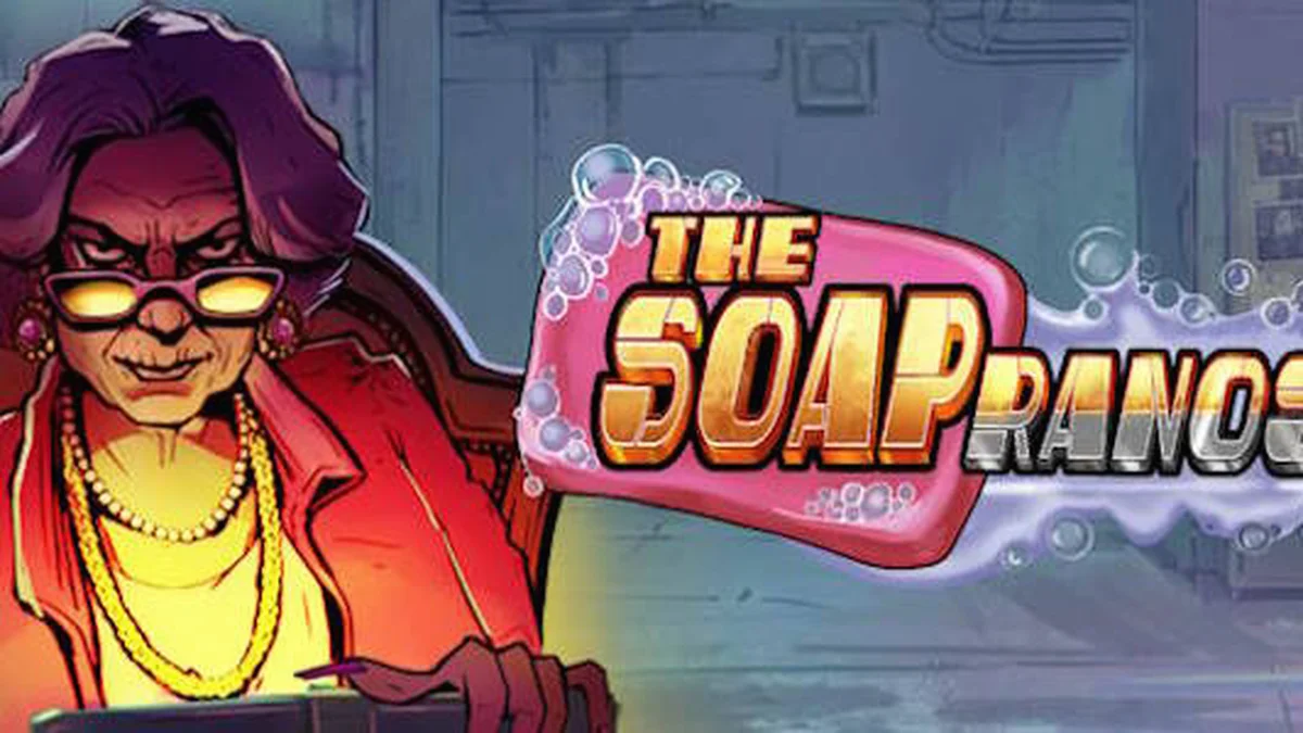 Tampilan visual slot Soapranos dengan elemen neon dan grid 5x3