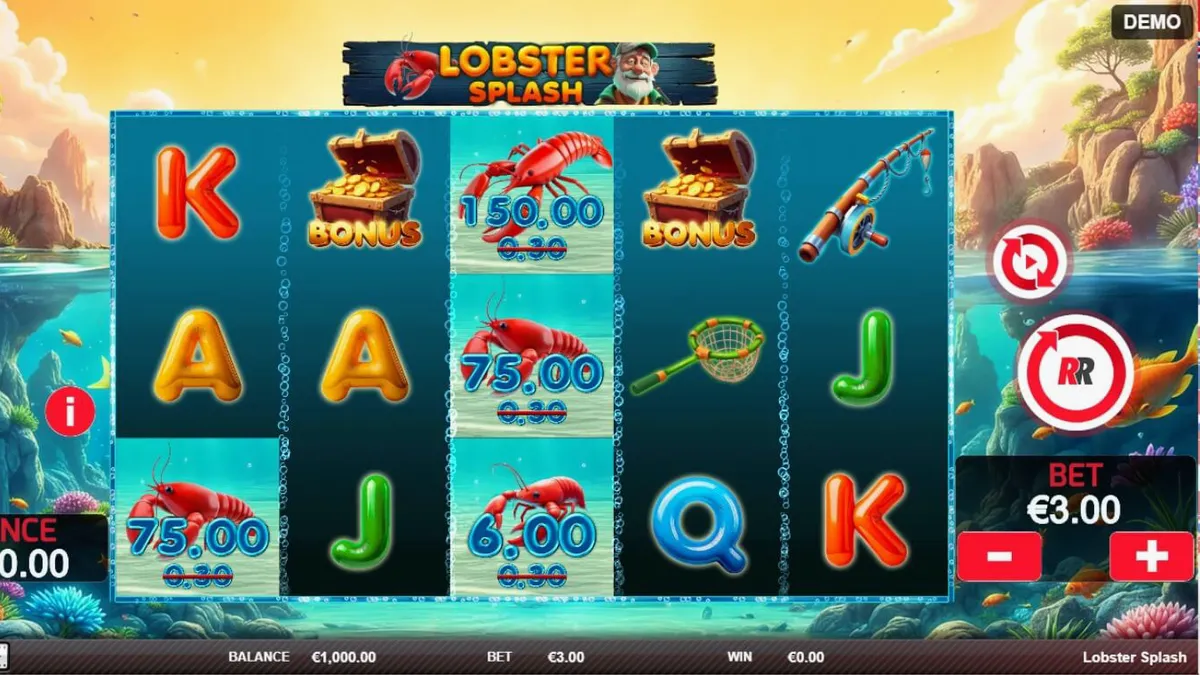 Tampilan visual slot Lobster Splash dengan tema bawah laut dan nelayan